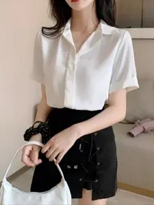 Women's Summer Fashion Simple Shirt Blouse Top, Casual Woven Fabric, Moderate Thickness, Fitted Style, Perfect for Daily Wear