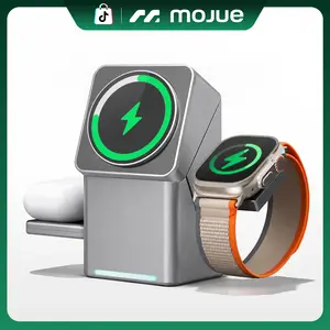 MOJUE 3-in-1 Smart Charging Station for iPhone – Wireless Charger Compatible with Multiple Apple Devices – AirPods Charging Dock Stand (Supports iPhone 17, 16e, 16, 15, 14, 13 , 12) Qi2 Certified Rotating Wireless Charging Base for Apple Watch and AirPods