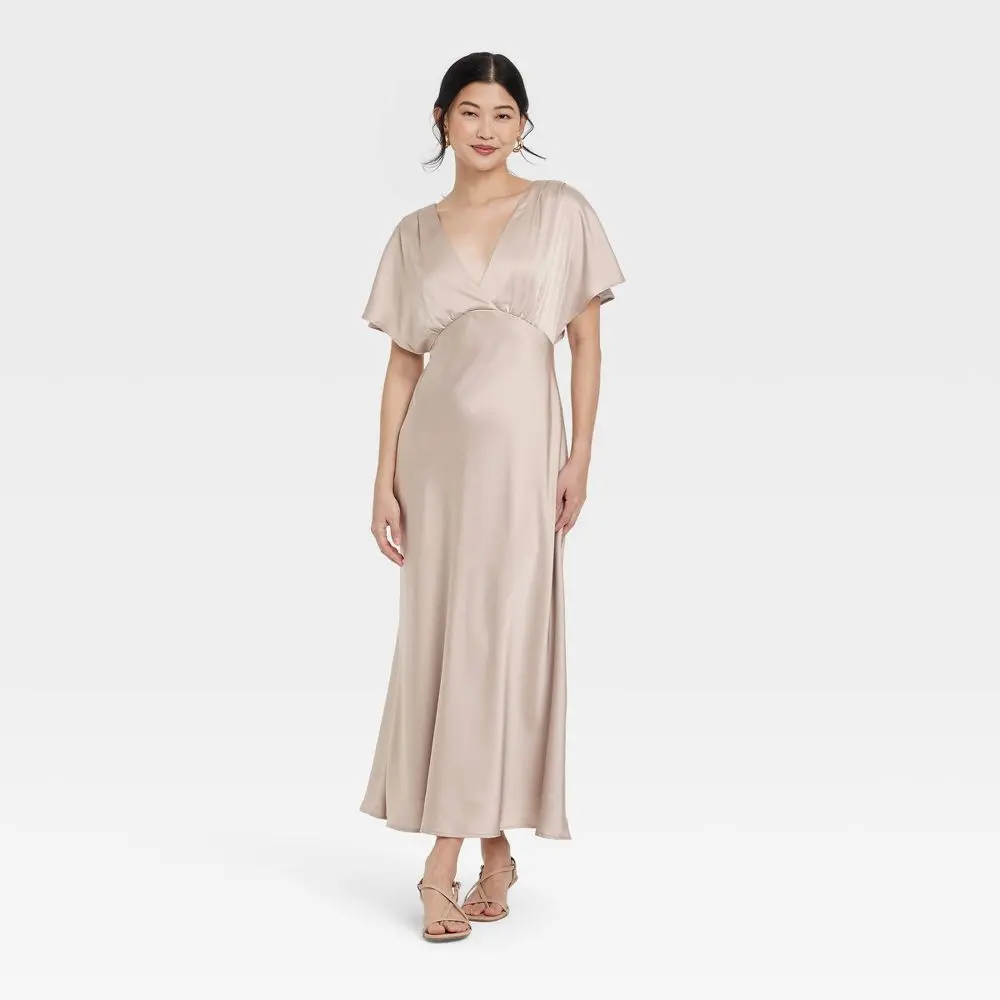Women's Satin Flutter Short Sleeve Maxi A-Line Dress - A New Day Tan XS: V Back Back Tie Woven Fabric