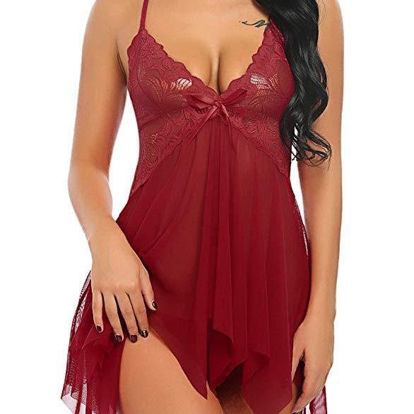 Sexy V Neck Ruffle Sheer Mesh Lace Wireless Lingerie Dress with Thong 2 Piece