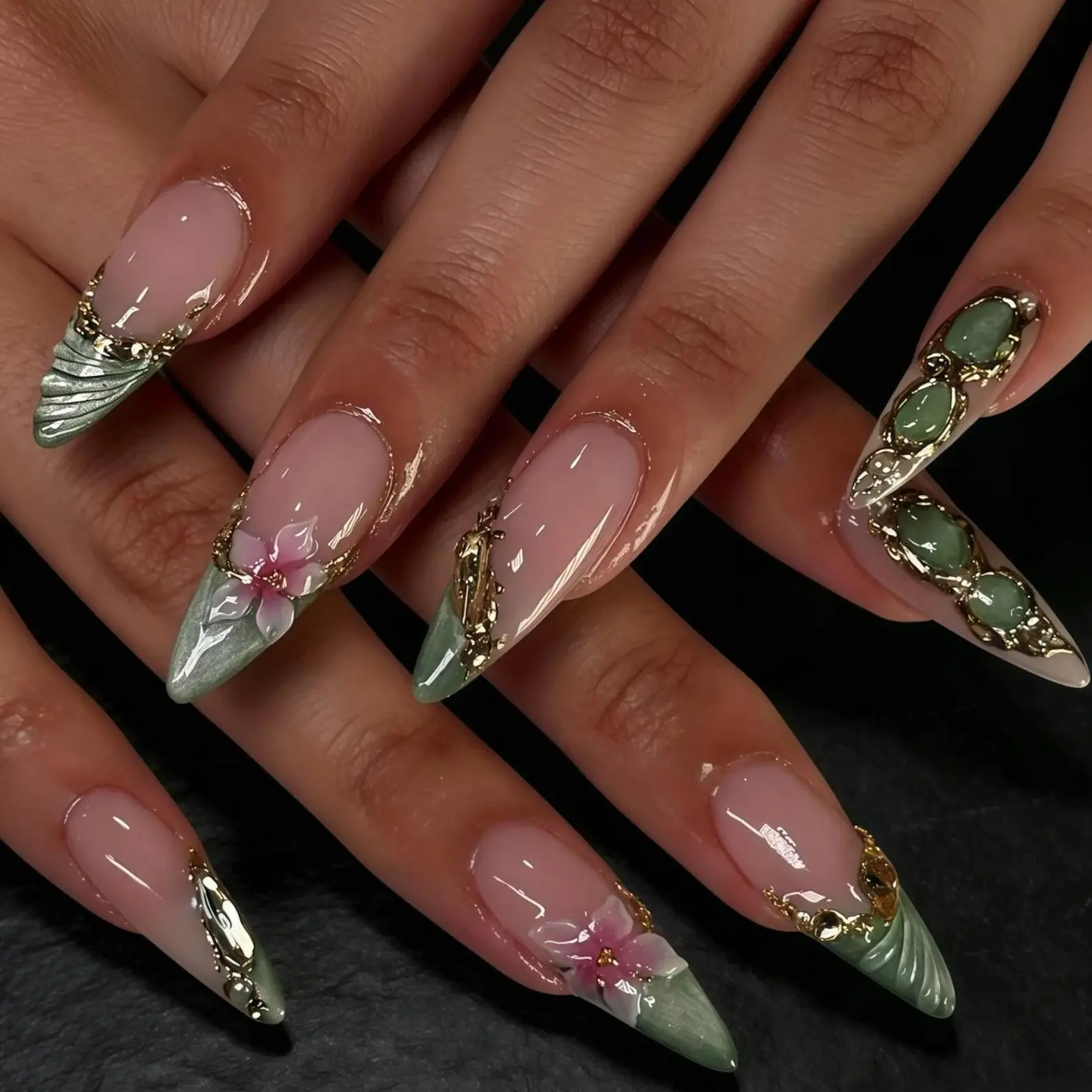 Jade Stone Pink Flower Press on Nails Luxury Green Gem with 3D Petal & Gold Frame, Royal Fake Nails, Opulent Glue on Manicure