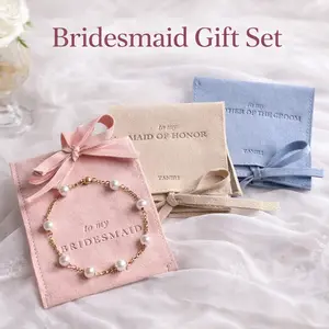 Taniri Bridesmaid Jewelry Gift Set with Pearl Bracelet, Personalized Jewelry Pouch, 18K Gold Plated Dainty Pearl Bracelet for Women, Bridal Party Gift, Maid of Honor Gift, Elegant Wedding Jewelry Keepsake
