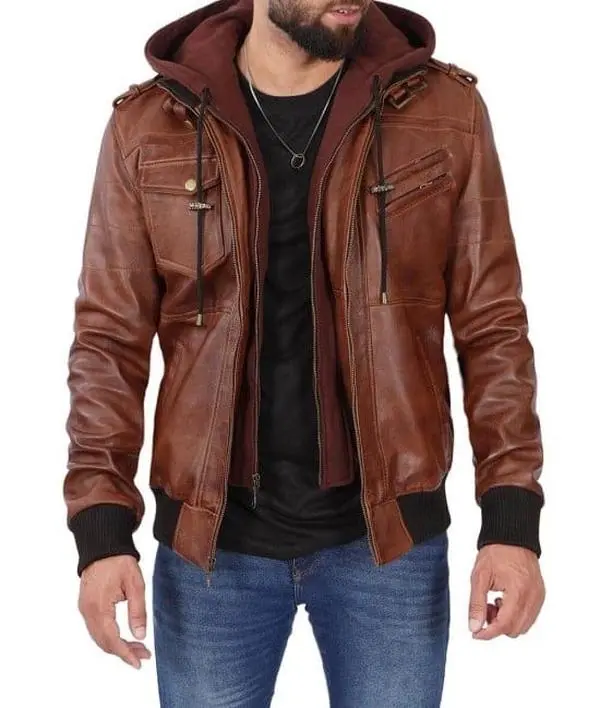 Men's Brown Lambskin Leather Jacket Bomber Style With Removable Hood Men's Brown Lambskin Leather Jacket Bomber Style With Removable Hood