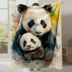 1pc Giant Panda Mother & Cub Print Flannel Blanket - Heavyweight  Soft Plush All-Season Luxury Bedspread, Warm and soft flannel blanket