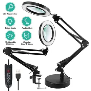 10X 26'' Long Magnifying Glass with Light and Stand, 72 LEDs Dimmable Bright LED Lighted Magnifier, Ajustable Swing Arm Magnifying Desk Lamp with Clamp, Hands Free for Hobby Repair Sewing Crafts Workbench