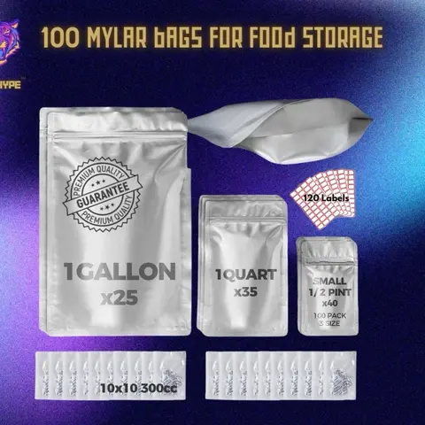 100 Mylar Bags for Food Storage - 9.5 mil 1 Gallon (25 PC), 9.5 mil 1 Quart (35 PC), 9.5 mil 1/2 pint (40 PC), Stand Up Resealable Mylar Bags with Oxygen Absorbers 300CC Packing Ziplock Milar Myler Bag With Zip Organiser