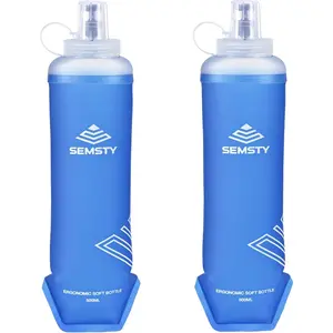 500ml/17oz 2 Pack TPU Collapsible Foldable Soft Water Bottle Compressible Flask for Hydration Pack Running Vest Ideal for Running Hiking Cycling