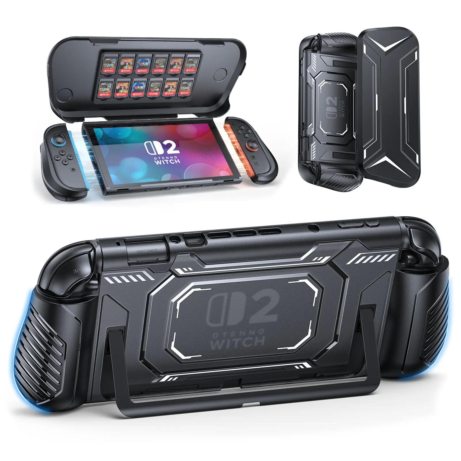 FASTSNAIL Switch 2 Protective Console Shell - Durable Dockable TPU Middle Frame, Non-Slip Ergonomic Detachable Joycon 2 Grip, Anti-Scratch PC Front Cover with 12 Game Card Slots, Stand-Included Handheld Port Accessories for Switch Protection