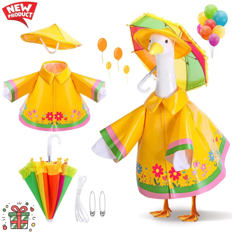 23" Standing Lawn Porch Goose Statue - Colorful 3-Piece Playful Raincoat Outfit Set with Yellow Hue, Hat, Umbrella, Flower Accent, Strap, Wear-Resist Fabric, Slip-On in Seconds, Outdoor Decor for Patio Garden Home