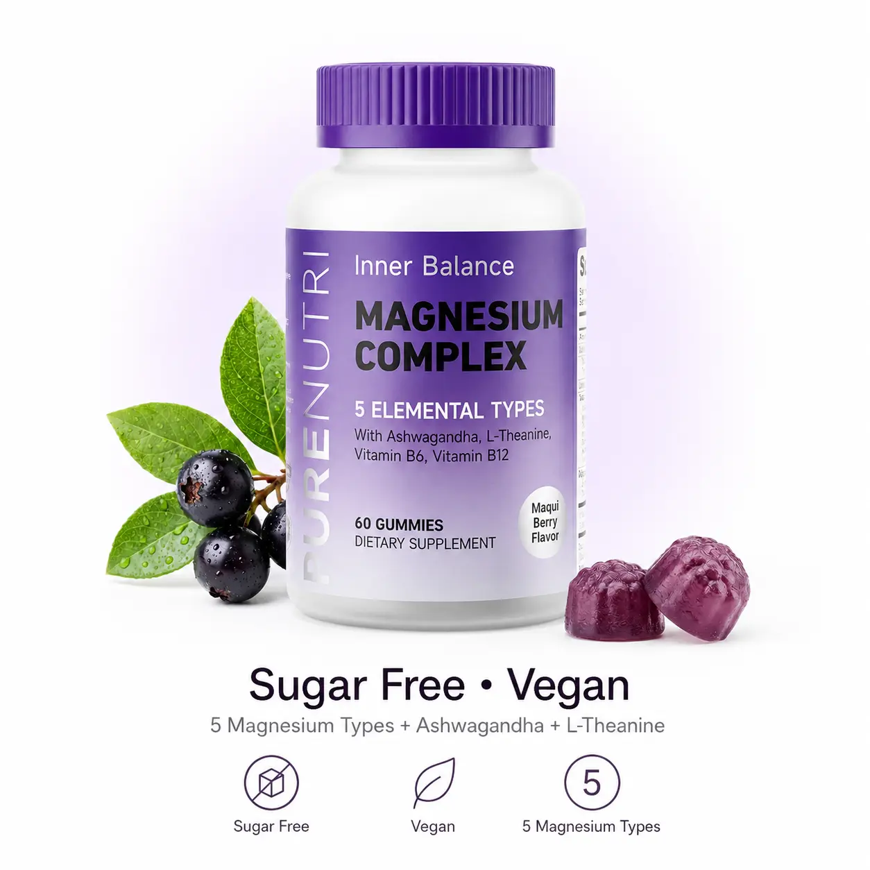 Sugar-Free Vegan Magnesium Complex Vitamin Gummies - 5 Types (Including Magnesium Glycinate), Ashwagandha, L-Theanine, Clean Dietary Supplement for Daily Balance & Wind-Down Support, 60 Count