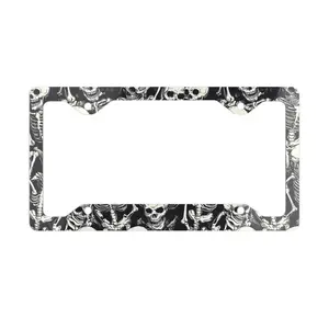 Skeleton Metal License Plate Frame, Gothic Car Decoration, Black and White Skull Design, Unique Halloween Gift, Vehicle Accessories, Macabre