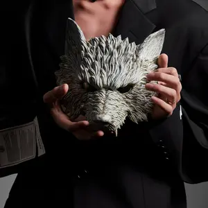 Realistic 3D Half Face Wolf Werewolf Mask, Scary Animal PU Foam Headgear, Horror Halloween Carnival Masquerade Cosplay Costume Prop, Party Dress-Up Accessory for Adult Kids, Stage Show Disguise Gift Adjustable Waist Golden Plated cake topper gender reveal