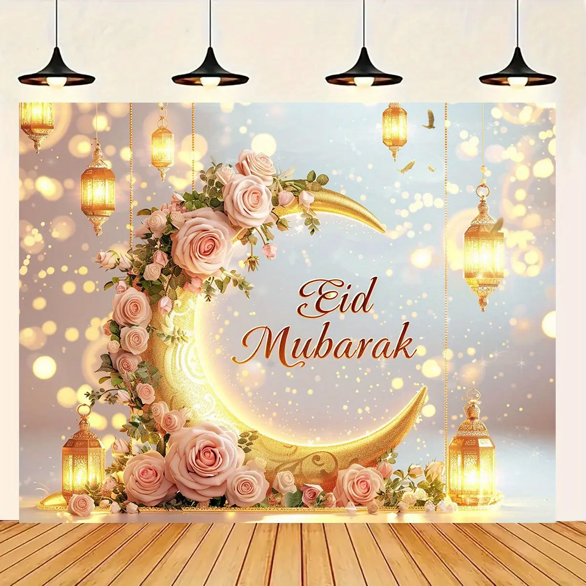 Eid Mubarak Backdrop Islamic Celebration Backdrop Crescent Moon Floral Background Cloth Festival Tapestry Wall Hanging Photography Background Polyester Fiber Wedding Birthday Party Event Home Studio Decor Prop Wall Art