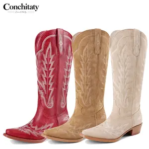 CONCHITATY Cowboy Boots For Women Knee High Cowgirl Boots Wide Calf Retro Chunky Heel Pointed Toe Pull On Western Tall Boots for Ladies Rodeos Party Concert Festival
