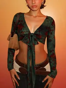 Women Y2K Sexy Romantic Party Knit Deep V Neck Super Short Blouse Top, Front Tie Long Sleeve T-Shirt, Velvet Floral Dye Fabric