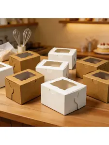 20/15/10/5/1pcs 3 Inch Square Cake Boxes with Clear Window, One Piece Easy Fold Packaging Boxes for Pastries, Cookies & Biscuits.needoh.paper plates