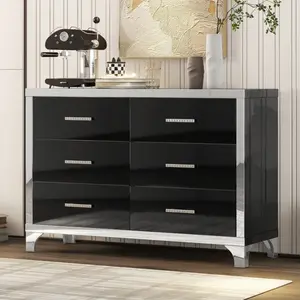 [SOIYELIFE] Black High Gloss Dresser with Metal Handles and Mirrored Storage, 6 Drawers for Bedroom & Living Room