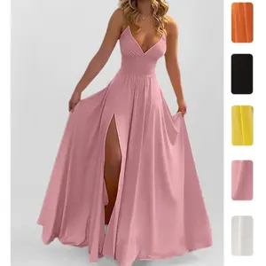 Women's Solid Color Spaghetti Strap High Slit Casual Dress, Minimalist And Fashionable For Daily Wear, Party Dress, Wedding Guest Cocktail Dress Spring Elegant Red Off-Shoulder A-Line 3D Flower Embroidered Bodycon Cowl Neck Maxi ant dress prom