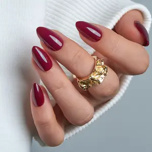 Curvlife medium almond solid Gel Press On Nails  red glossy shiny for winter Nail Art 2 Week Wear