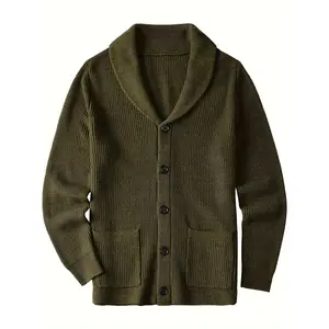 Men's Olive Green Wool Blend Cable Knit Cardigan Sweater - Casual, Shawl Collar, Side Pockets, Plus Size for Fall/Winter