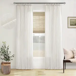 96 inch long pleated linen curtains for living room, two-piece panel set, cream ivory color filter, clip on hook and loop, straps, neutral bohemian style, farmhouse, 96 inch curtains, for bedroom windows