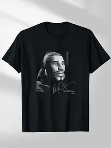 Men's "Scorpion 2018" Graphic T-Shirt - Cartoon Portrait & Signature Print Black Crew Neck Tee, Hip Hop Casual Streetwear with Album Cover Accents, Soft Breathable Cotton Regular Fit T-Shirt for Men Teens, Perfect for Concert Nights, Menswear