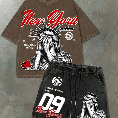 Men's Statue of Liberty Print Tee & Shorts Pyjama Pattern, Regular Fit Casual Comfy Round Neck Short Sleeve T-Shirt & Shorts PJ Set, Casual Pajamas Outfit, Men's Sleepwear Pajama Set Two Piece Loungewear for Summer, Cotton Pjs, Nightwear Loungewear Set
