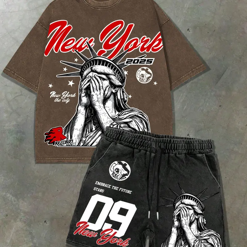 Men's Statue of Liberty Print Tee & Shorts Pyjama Pattern, Regular Fit Casual Comfy Round Neck Short Sleeve T-Shirt & Shorts PJ Set, Casual Pajamas Outfit, Men's Sleepwear Pajama Set Two Piece Loungewear for Summer, Cotton Pjs, Nightwear Loungewear Set
