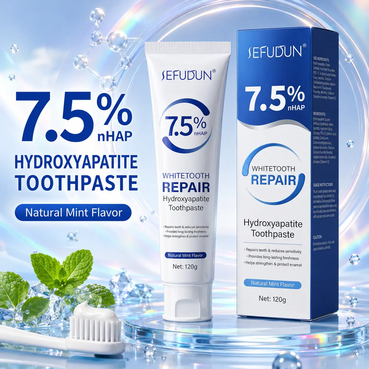 7.5% nHAP Hydroxyapatite Repair Toothpaste 120g Natural Mint Flavor, Daily Oral Care to Strengthen Enamel, Relieve Tooth Sensitivity & Maintain Long-Lasting Fresh Breath
