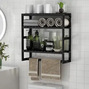 Adjustable Bamboo Bathroom Shelf with Towel Bar, Multi-Use Wall Shower Shelf for Kitchen, Living Room - Black Organiser Rack