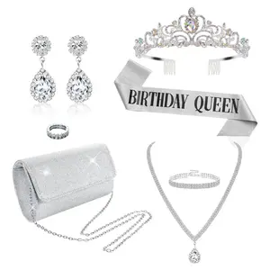 7pcs Party Jewelry Crown Set Include Birthday Queen Tiaras Sash Crown Rhinestone Jewelry And Clutch Purse For Birthday Party Decoration Silvery Necklace Earrings Bracelets Set For Birthday Wedding Christmas Prom Party