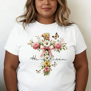 'He Is Risen' Women'S Easter Floral T-Shirt - Soft And Casual, Short Sleeves, Crew Neck, Perfect for Spring And Summer