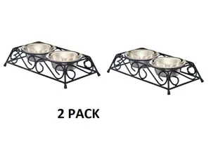2 PACK- Stainless Steel Pet Food Bowl with Double Diner in Black and Silver Elevated Feeder for Pets