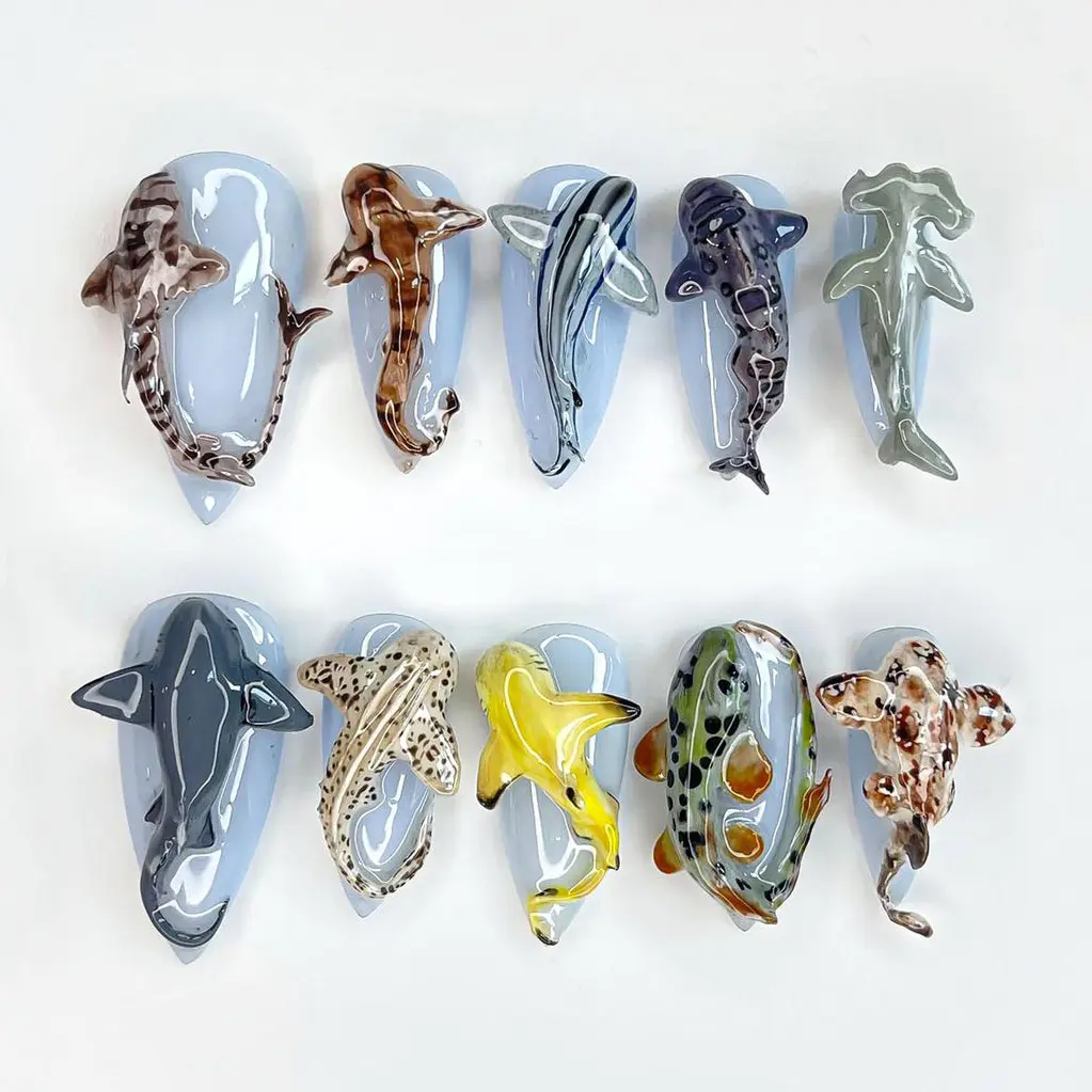 SUMMER 10Pcs Handmade Press On Nails REUSABLE Gel Acrylic Nails, Deep Sea Shark Full Cover Press On False Nails, Ocean Dark Blue Theme Floral Zodiac