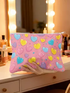 1pc, Lightweight Valentine's Colorful Hearts Pattern Corduroy Makeup Bag, Handheld Cosmetic Pouch, Cosmetic Organizer and Toiletry Storage Pouch with Textured Corduroy Finish, Ideal for Travel