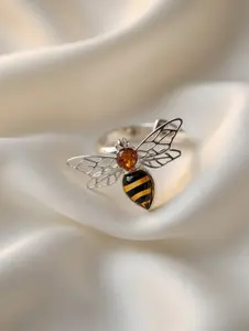 Sterling Silver Handmade Amber Bee Adjustable Ring