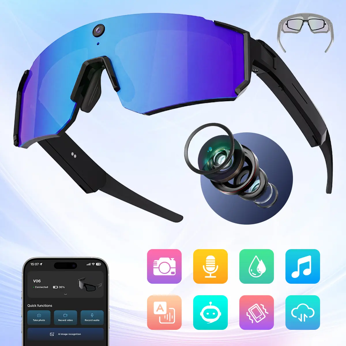Smart Sports Glasses with 8MP Camera, 2KPhoto/1200P Video Recording WearableGlasses, IP54 Waterproof MultifunctionalWireless Audio Bluetooth Glasses withHeadphone, Outdoor Sports PolarizedSunglasses with Al Voice Assistant, UVProtection Eyeglass, Smart Gl