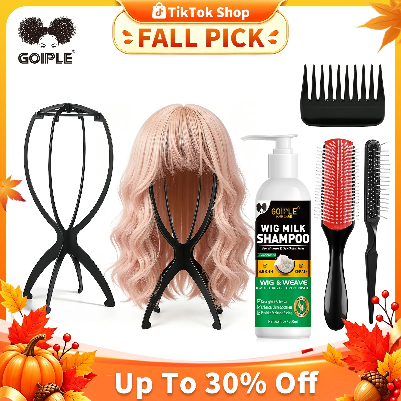 Goiple Women's Wig Tool Combo Pack - Foldable Travel-Friendly Holder, Head Stand, Brush, 2-in-1 Milk Shampoo for Human & Synthetic Hair, Cleans & Revitalizes, Hydrates & Moisturizes, Boosts Silkiness & Shine, Easy Combing