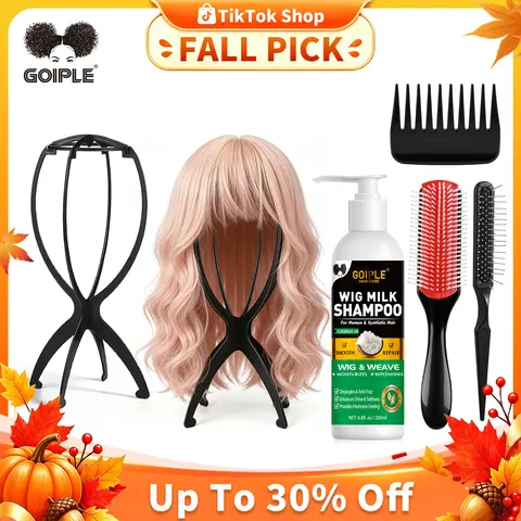 Goiple Women's Wig Tool Combo 2 - Compact Foldable Travel-Friendly Holder, Head Stand, Brush, 2-in-1 Milk Shampoo for Human & Synthetic Wigs, Cleans, Revitalizes, Hydrates, Boosts Silkiness & Shine, Easy Combing for Home Use