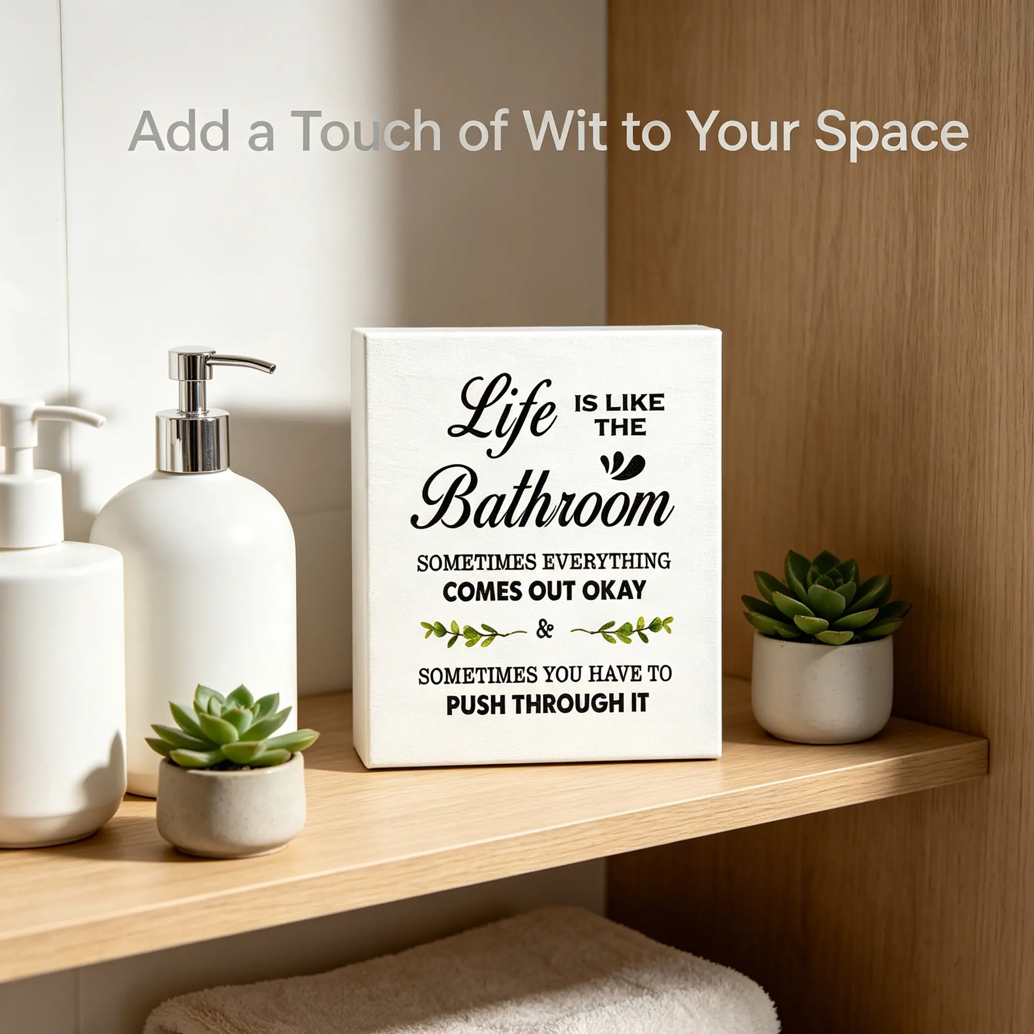 White Wooden Boxed Sign Decor - Funny Inspirational Tabletop Plaque, Farmhouse Bathroom Accessory, Novelty Housewarming Gift for Friends