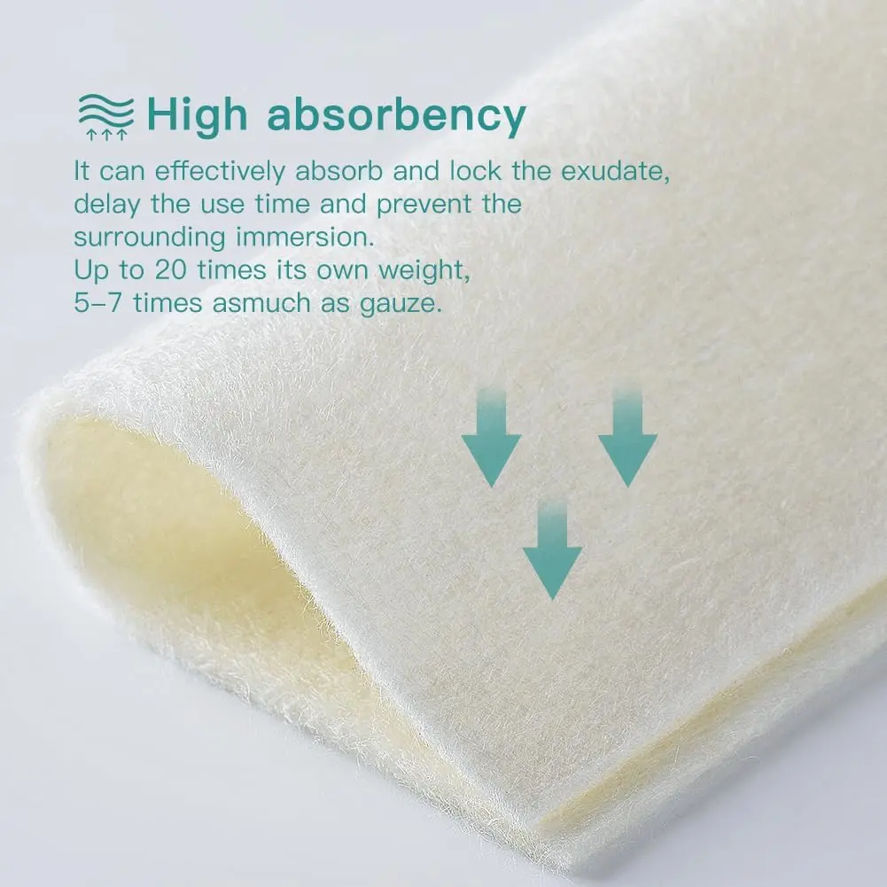 Calcium Alginate Wound Bandage, 4-in x 4-in Sterile Non-Stick Pads, 10 Individual Highly Absorbent Patches, Healthcare First Aid Supplies for Cavity Wounds with Calm and Soothe Sensation, Can Be Cut and Shaped, Diabetic Foot Ulcer