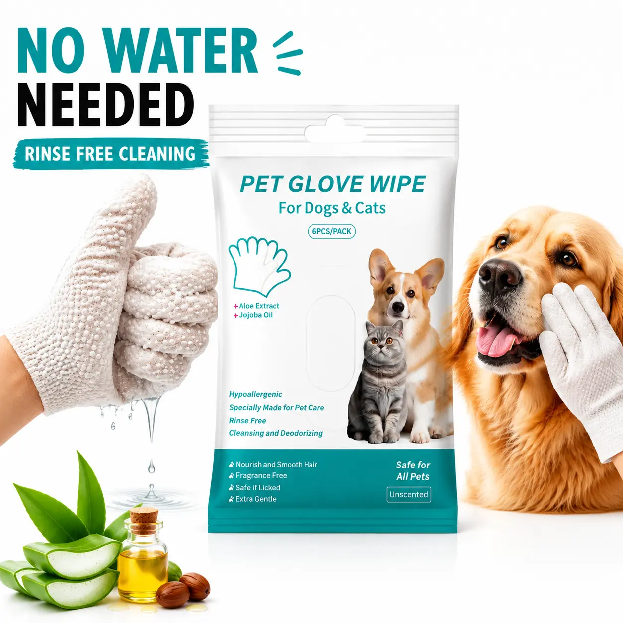 Pet Glove Wipes, Puppy & Dog Bath Wipes for Dogs & Cats, Gentle Cleansing Grooming Wipes, Hair Removal, Quick Refreshing & Eco-Friendly