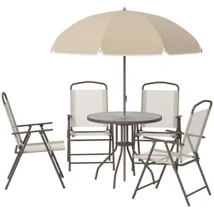 Beige 6-Piece Outdoor Patio Dining Set for 4 - Round Glass Table, 4 Folding Dining Chairs, and Umbrella for Garden, Backyard