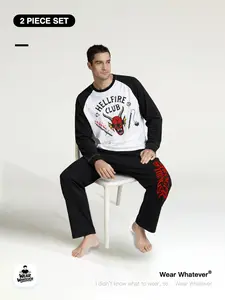 Stranger Things 「2-Piece Set」 Hellfire Club Comfortable Breathable Long Sleeve Pants, Casual Home Wear for Daily Use, Fitted Graphic Loungewear