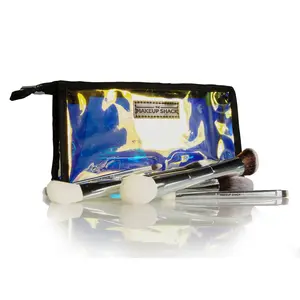 Makeup Shack Chrome Travel Brush Set with Holographic Blue Case & Assorted Brushes for Compact Makeup Application on the Go