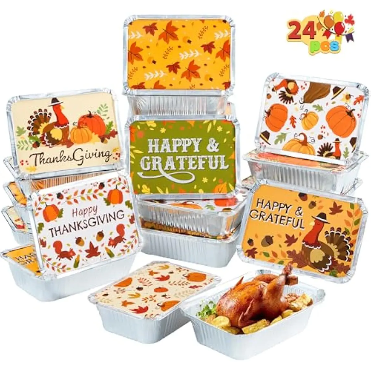 24Pcs Thanksgiving Leftover Containers with Lids, Fall Festive To Go Food Containers, Thanksgiving Tin Foil Containers for Party Leftovers & To-Go Meals, Thanksgiving Party Disposable Containers