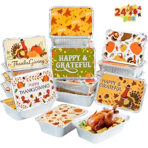 24Pcs Thanksgiving Leftover Containers with Lids, Fall Festive To Go Food Containers, Thanksgiving Tin Foil Containers for Party Leftovers & To-Go Meals, Thanksgiving Party Disposable Containers