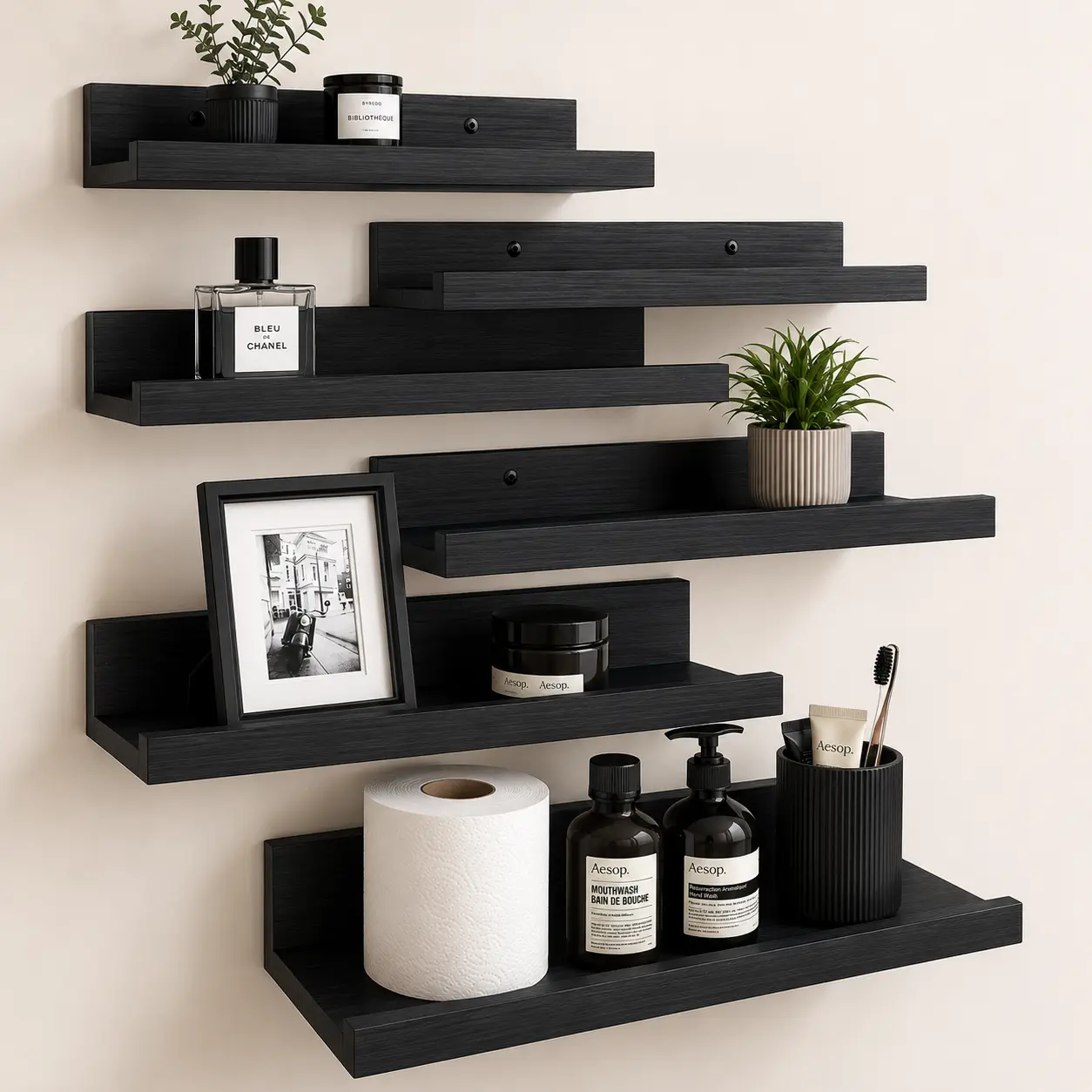 Floating Wooden Shelves Set of 6 | Wall Mounted Storage for Living Room, Bedroom, Kitchen & Bathroom