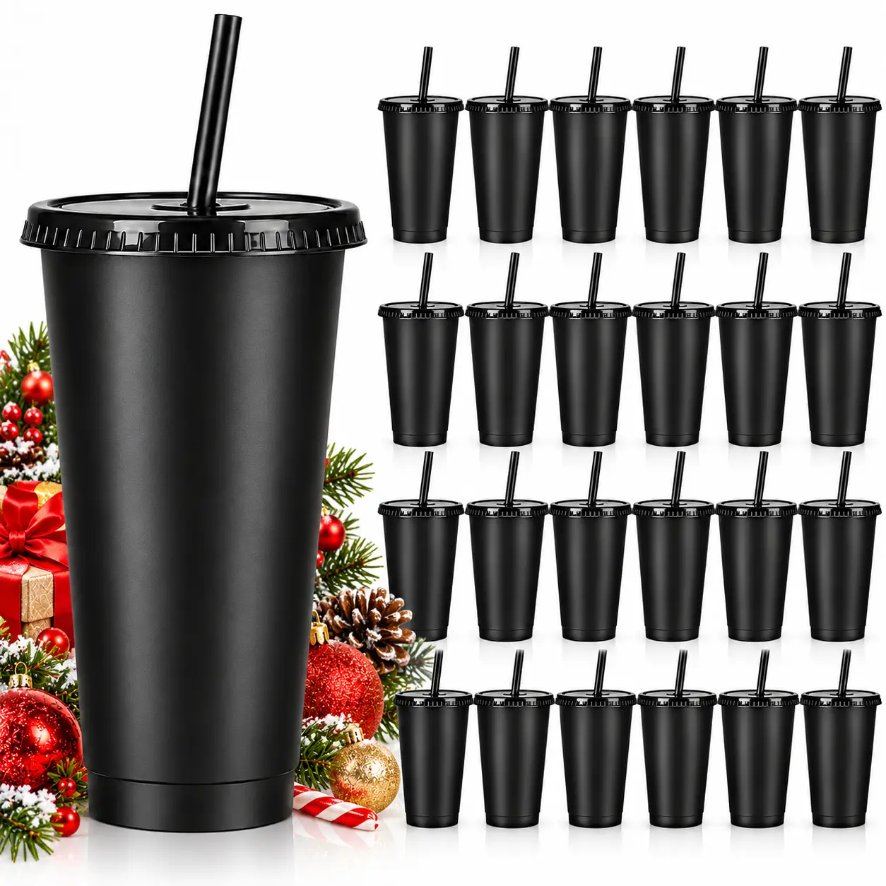 24 oz Black Plastic Tumblers with Lids and Straws Reusable Drinking Cups for Iced Coffee Cold Drinks Christmas Parties Birthday Celebrations Everyday Use Classic Matte Black Design