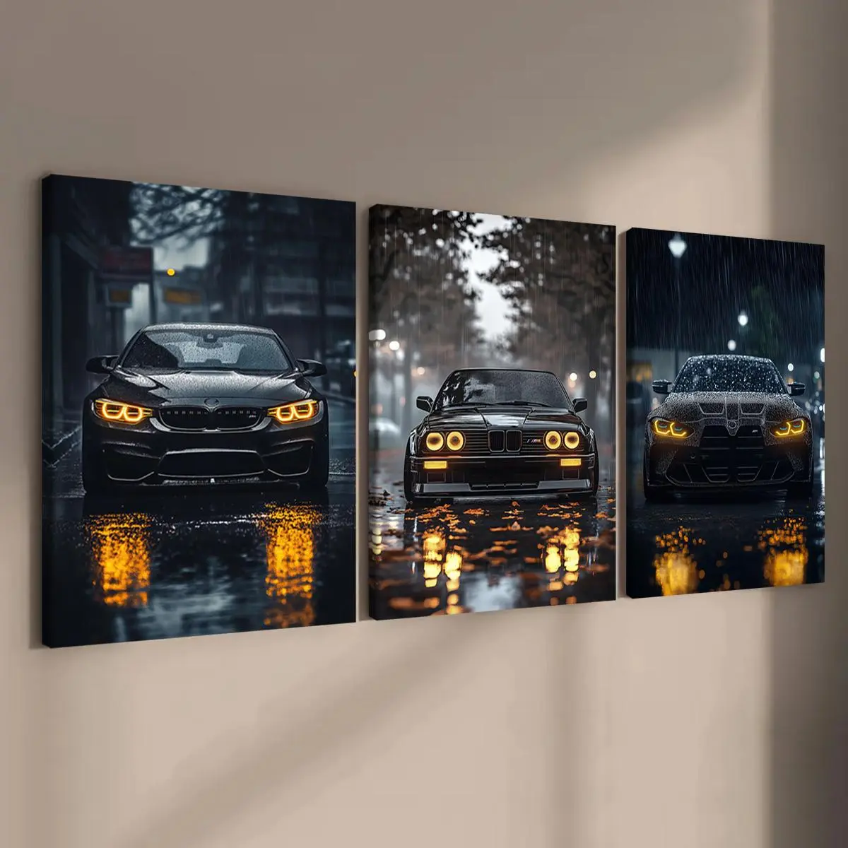 1-3 Counts Wooden Framed Canvas, Rainy Night Bmw Cars Poster, Living Room Decoration, Modern Art, Art Work For Wall Decor, Wall Art Decoration, Modern Home Decor, Odorless, Waterproof, Artwork, Hanging Wall Art, Decoration Items